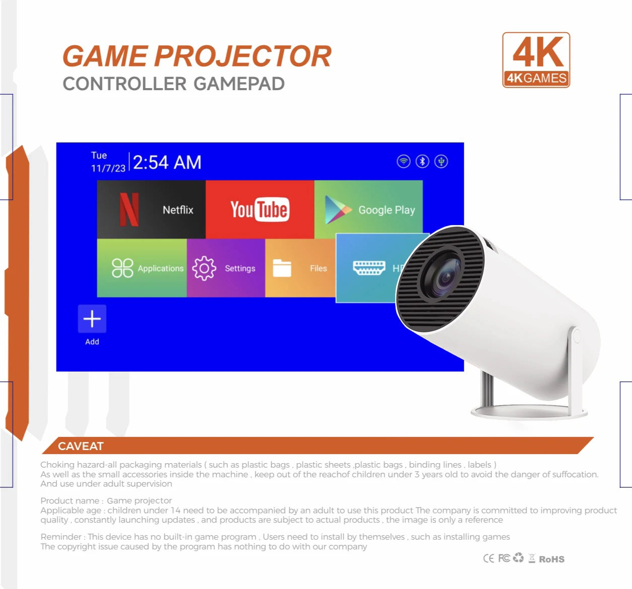 3D Game Projector 2 in 1 F300 Controller Game TV Box Android 11 5G Wifi Playstore Home Cinema Outdoor 4K Portable Mini Projector